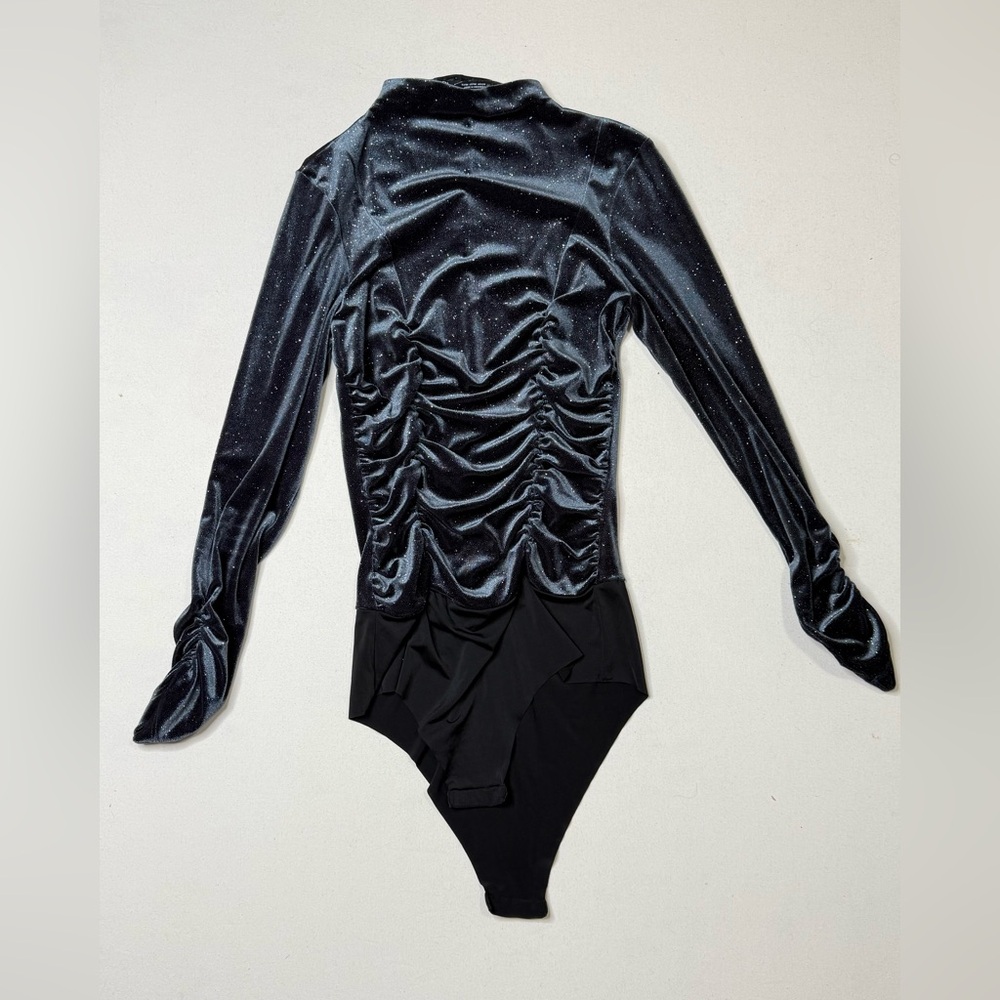 Zara Shimmering Black Velvet Ruched Long Sleeve Bodysuit Top Size Medium